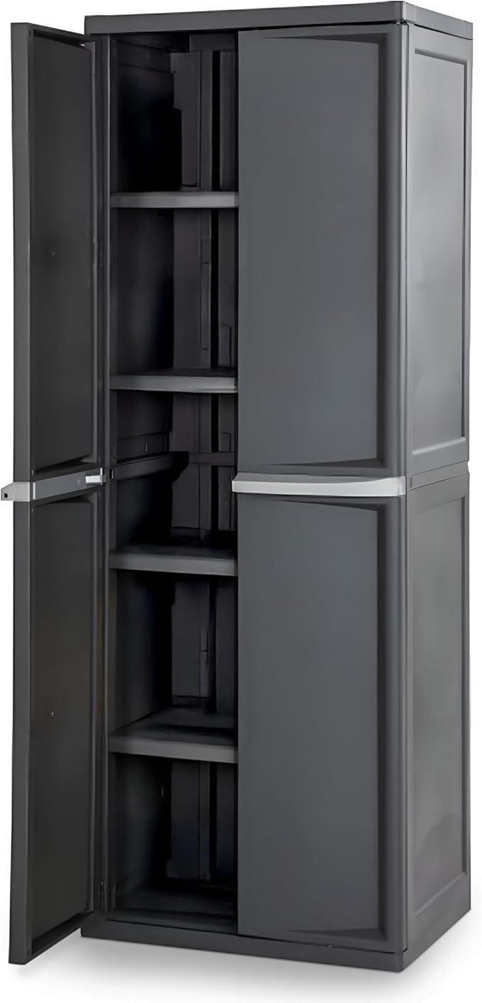 61FJOtNtHvL._AC_SX679_.jpg Sterilite 4 Shelf Cabinet, Heavy Duty and Easy to Assemble Plastic Storage Unit, Organize Bins in the Garage, Basement, Attic, Mudroom, Gray, 1-pack - Image 1