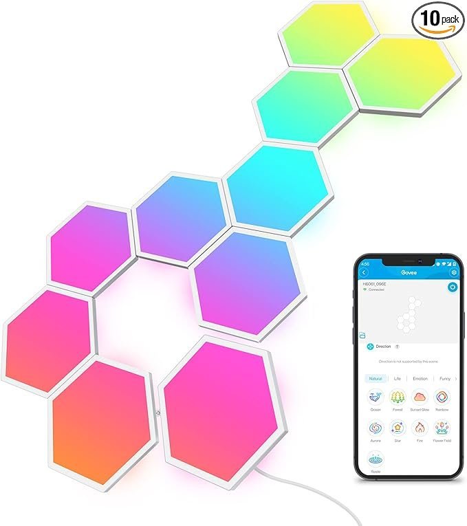 61WCvyYZPcL._AC_SX679_PIbundle-10TopRight00_SH20_.jpg Govee Glide Hexa Light Panels, RGBIC Hexagon LED Wall Lights, Wi-Fi Smart Home Creative Wall Lights with Music Sync, Works with Alexa Google Assistant for Indoor Gaming Decor, 10 Pack - Image 1