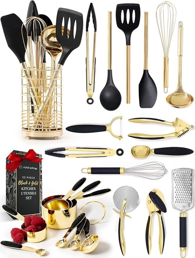 71SyRbWnO0L._AC_SY879_.jpg Black and Gold Kitchen Utensils Set – 23-Piece Luxury Kitchen Accessories Includes Gold Measuring Cups, Spoons, Silicone Cooking Utensils and Tools for Baking, Cooking, and Stylish Kitchen Decor - Image 1