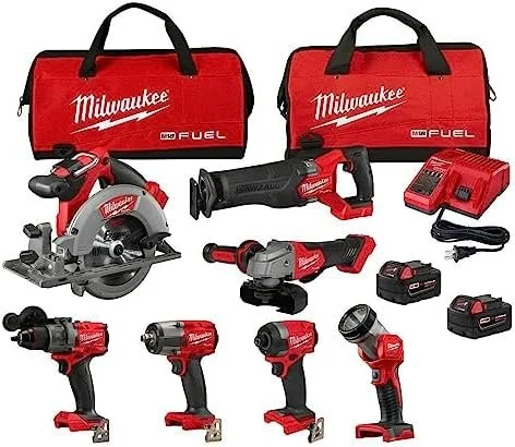 B0CCXKCCJF-0-1756233692738-1.webp Milwaukee M18 FUEL 18V Lithium-Ion Brushless Cordless Combo Kit with Two 5.0 Ah Batteries, 1 Charger, 2 Tool Bags (7-Tool) - Image 1